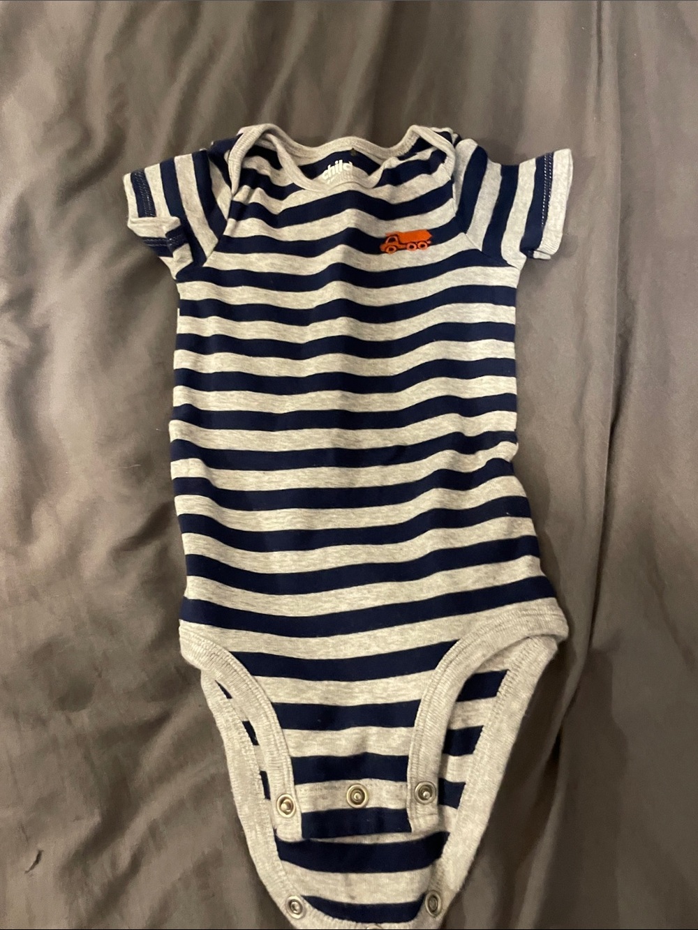child of mine Navy and Gray Striped Bodysuit with Orange Truck